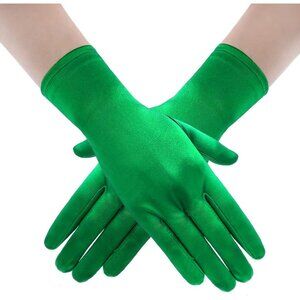 Women's Green Short Satin Gloves Stretchy Fabric Formal Wedding Party Tea Prom